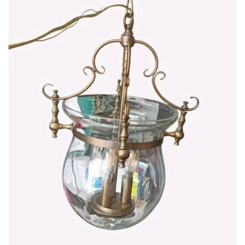 Brass French Bell Vintage Three Bulb Pendulum Chandelier Light